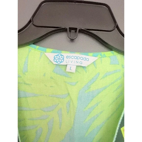 Escapada Living Tropical Palm Print Tassel Kaftan Cover Up Green Blue Large - Picture 2 of 6